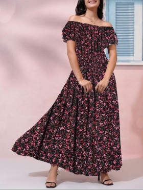 Off-The-Shoulder Floral Print Midi Dress